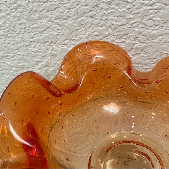 Murano Style Art Glass Controlled Bubble Bullicante Orange Ruffled Candy Dish - Picture 3 of 13